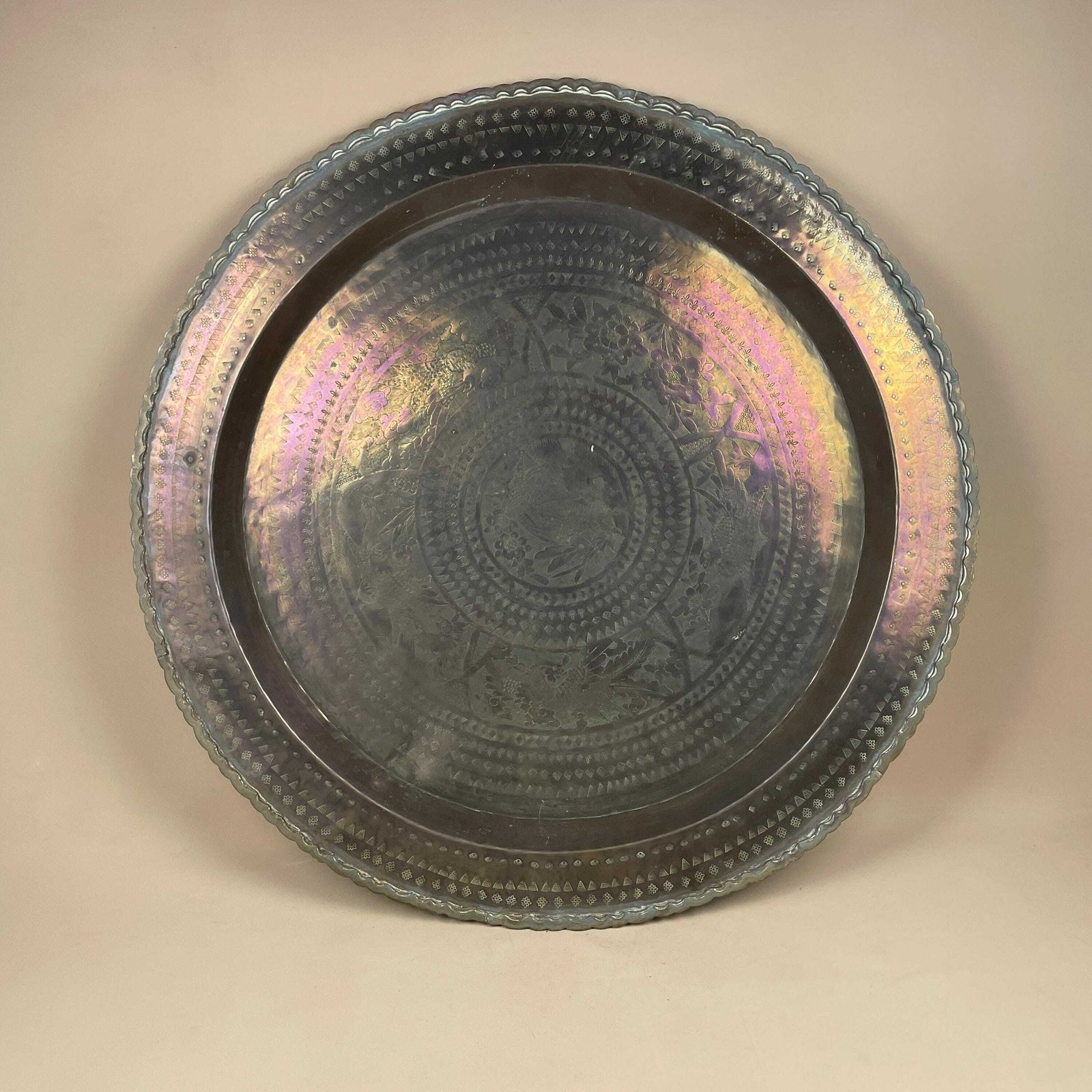 Antique Metal Gold Indian Patterned Brass Tray 65cm Plate Asian Handmade Etched Intricate Decorative Patterned Wall Art Round Vintage Animal