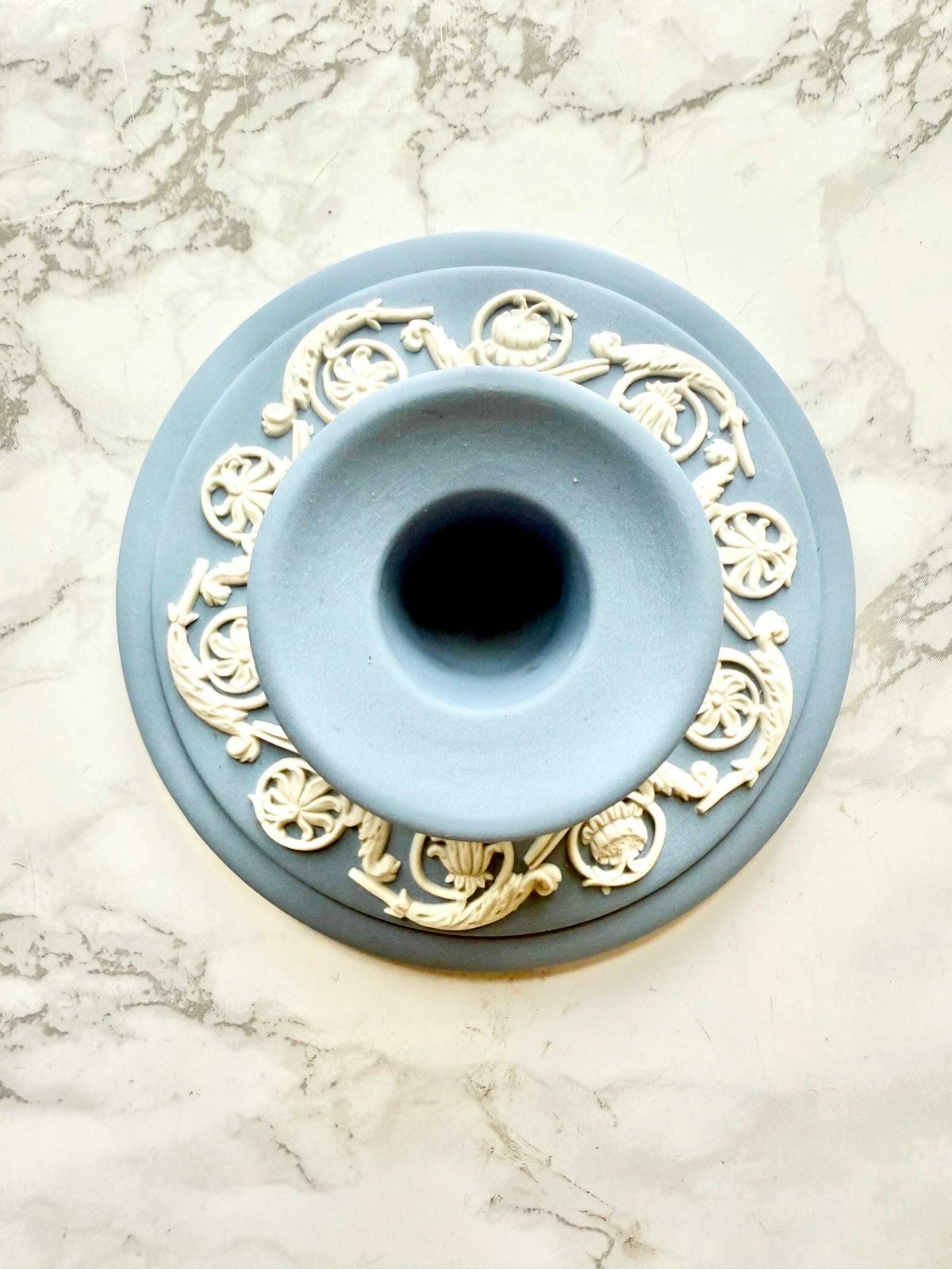 Pair Of Round Baby Blue Jasper Ware Candlesticks With Raise Decoration Of White Antique Pattern Wedgwood photo Home Decor