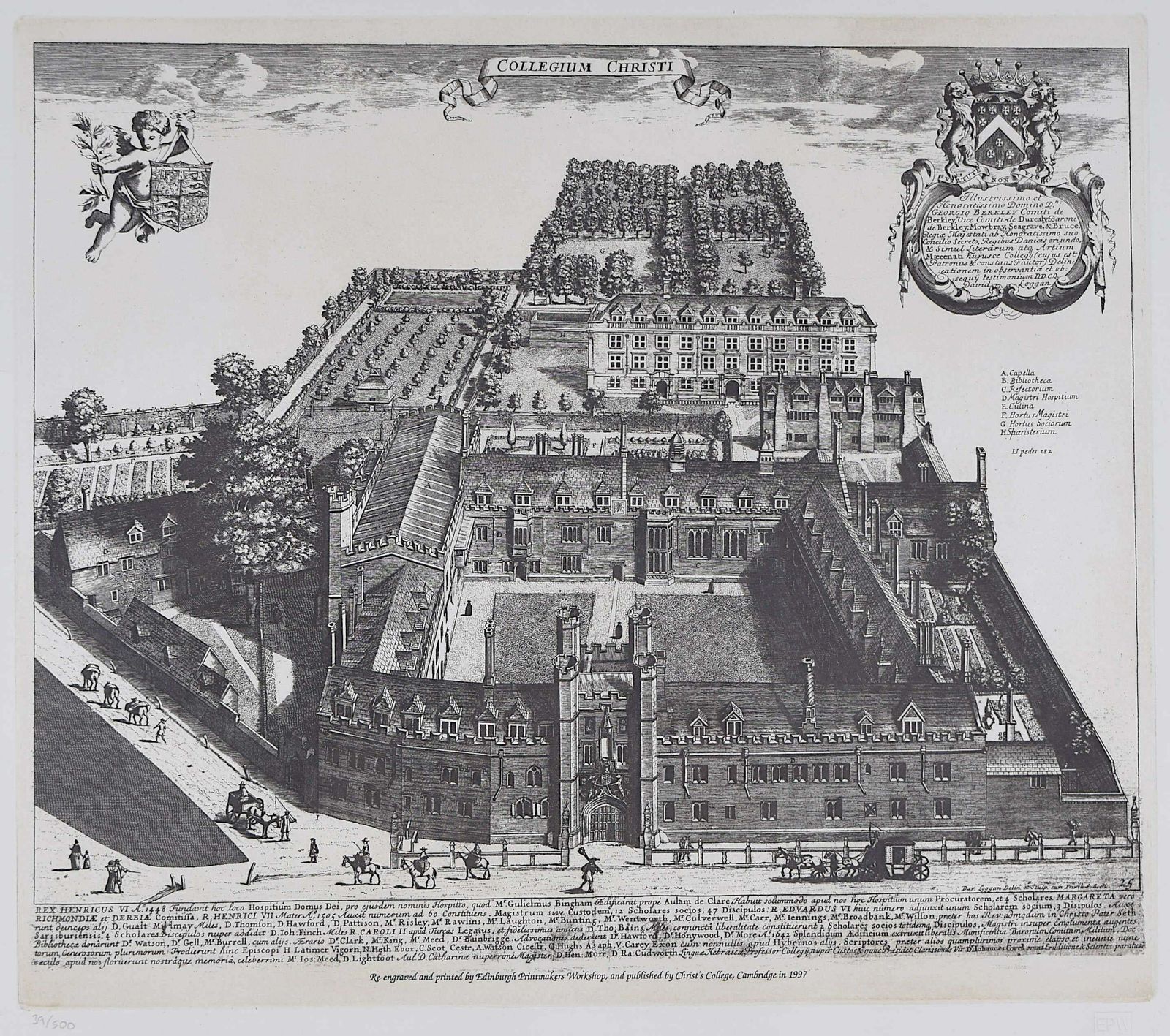 Pieter Van Der Aa, Christ's College, Cambridge, Engraving After David Loggan, 1727 photo for sale