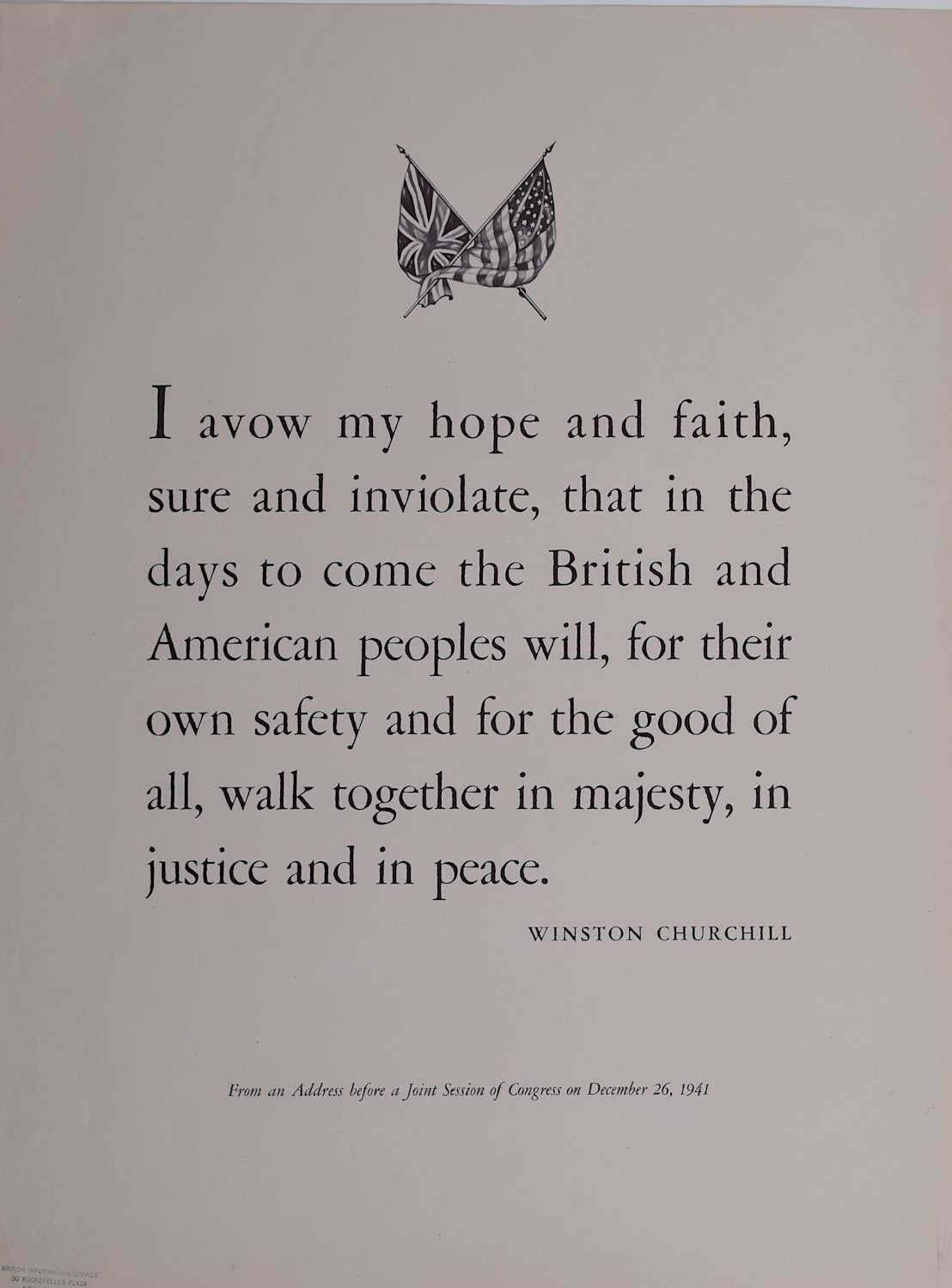 Winston Churchill Poster,  'I Avow My Hope And Faith' America Britain1941
