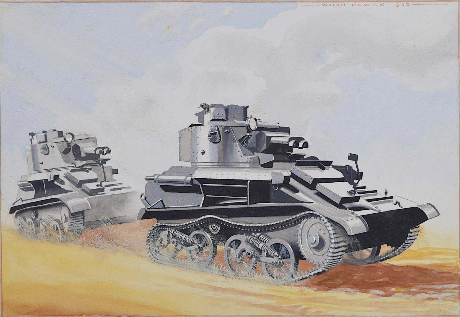 British Light Tanks, C.1940, Original Painting By Vivian Bewick