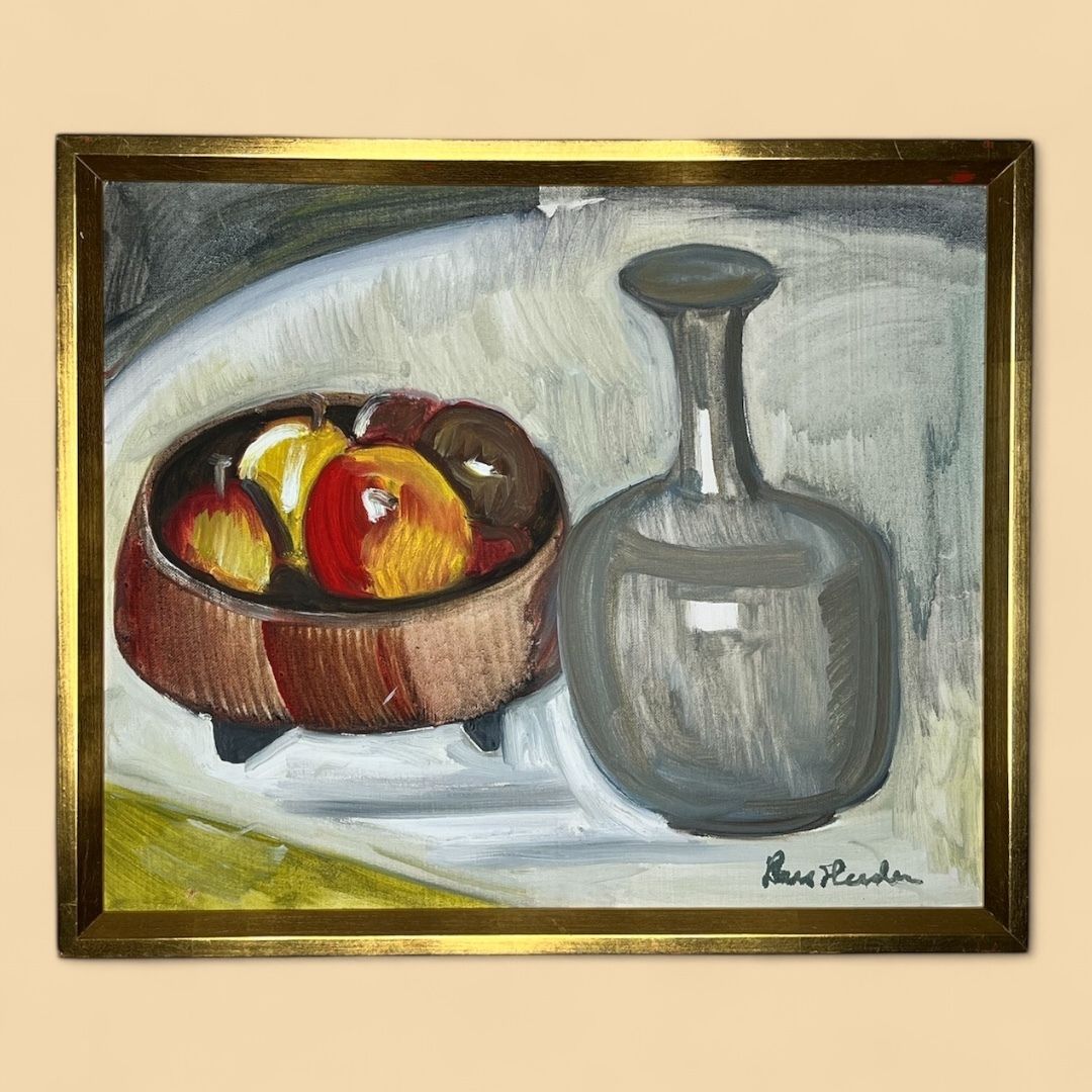 Apples And Bottle, Oil On Canvas Still Life Painting