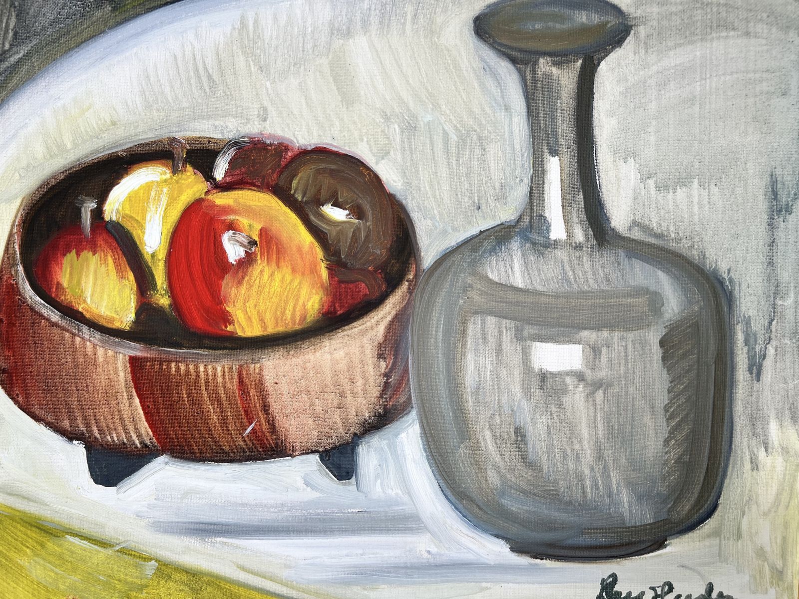 Apples And Bottle, Oil On Canvas Still Life Painting photo buy