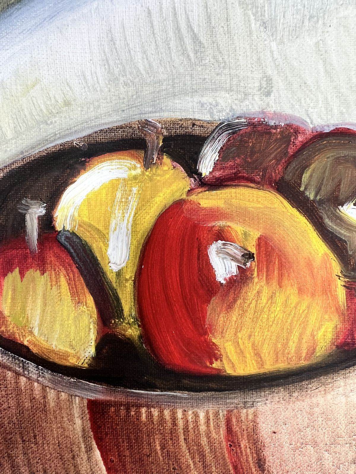 Apples And Bottle, Oil On Canvas Still Life Painting photo vintage