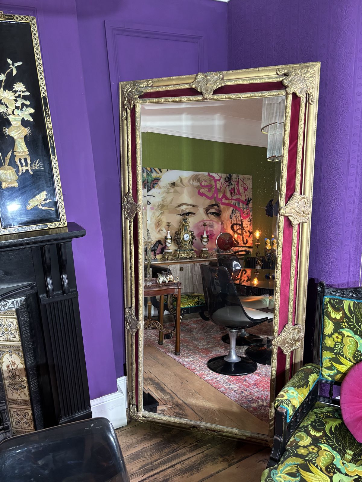 Large Gilt And Red Velvet Framed Beveled Edge French Mirror photo 450.0