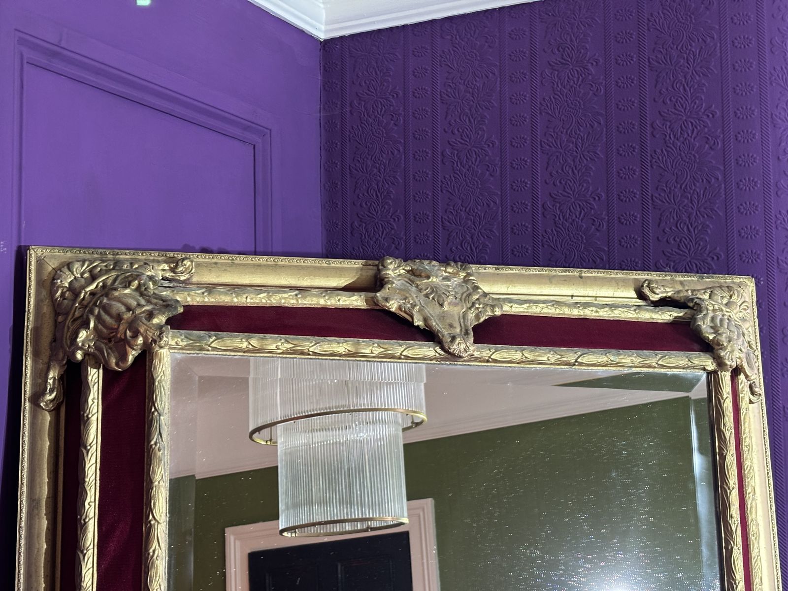 photo furniture Large Gilt And Red Velvet Framed Beveled Edge French Mirror