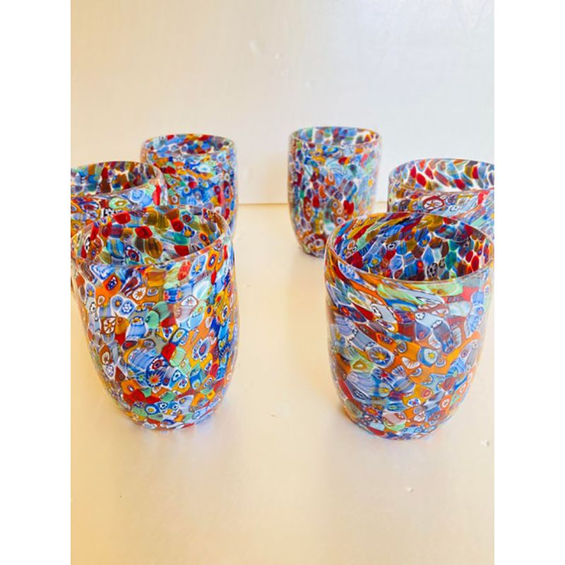 Set Of 6 Multicolor Floral Murrine Glasses In The Style Of Murano Glass photo Home Decor