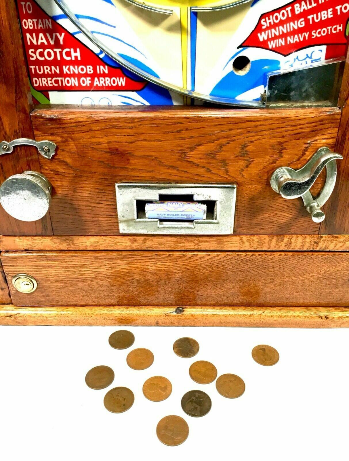 Home Decor Antique 1960s Oliver Whales Win A Navy Scotch Arcade Coin Operated Penny Machine photo