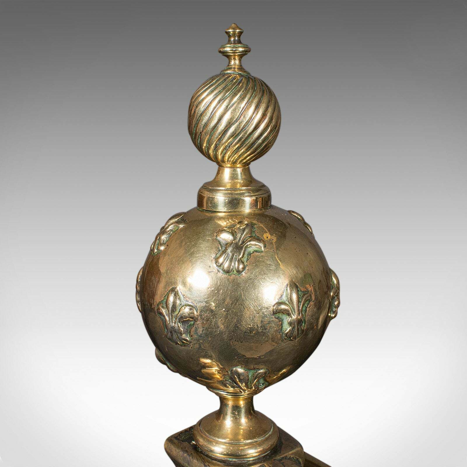 photo furniture Pair Of Antique Fireside Andirons, French Brass, Chenet, Firedog, Georgian, 1750