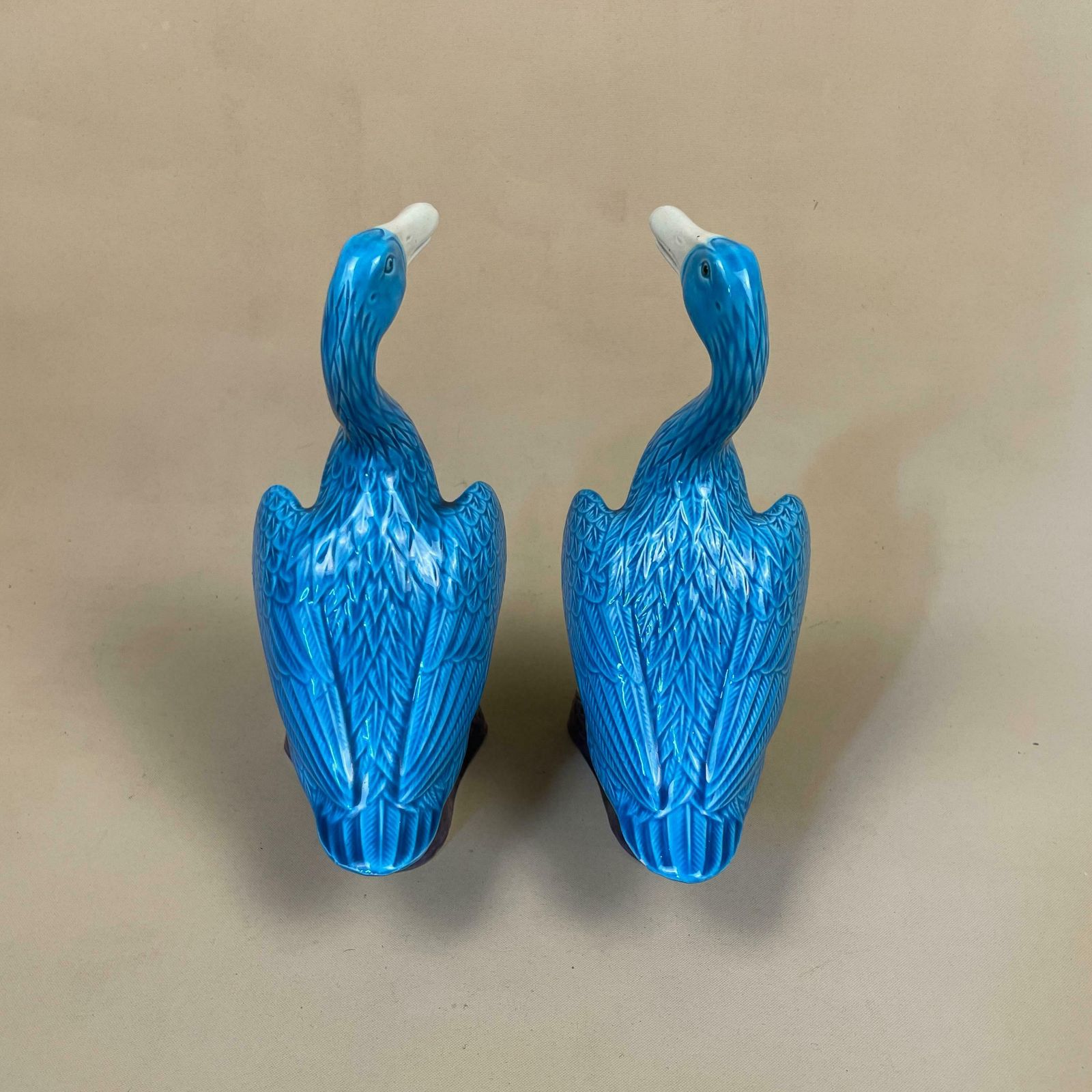 Ceramic Oriental Chinese Ducks Ornament Statue Mantle Piece Porcelain Sculpture Statue Ornament Vintage Mid Century Antique Blue Purple Bird photo vintage