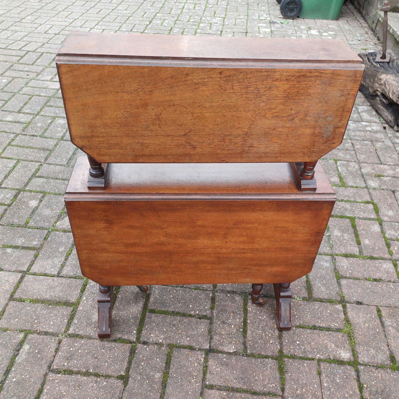 photo for sale Vintage Mahogany Sutherland Two Tier Occasional Table Late Victorian Folding Table With Turned Columns And Castors