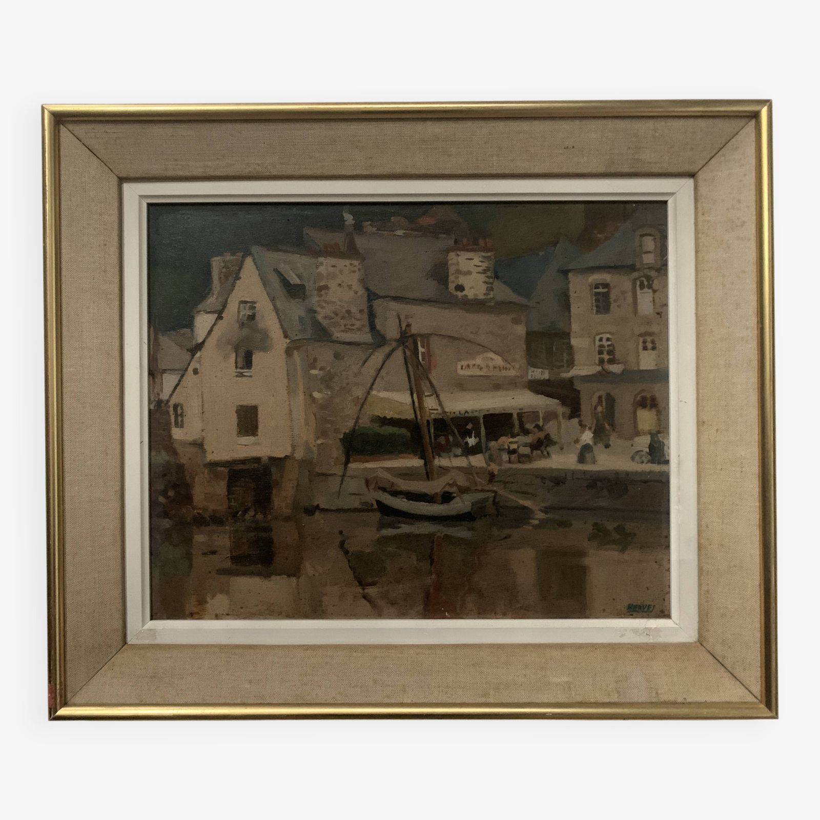 Framed Oil On Canvas "View Of The Port" 20th Century