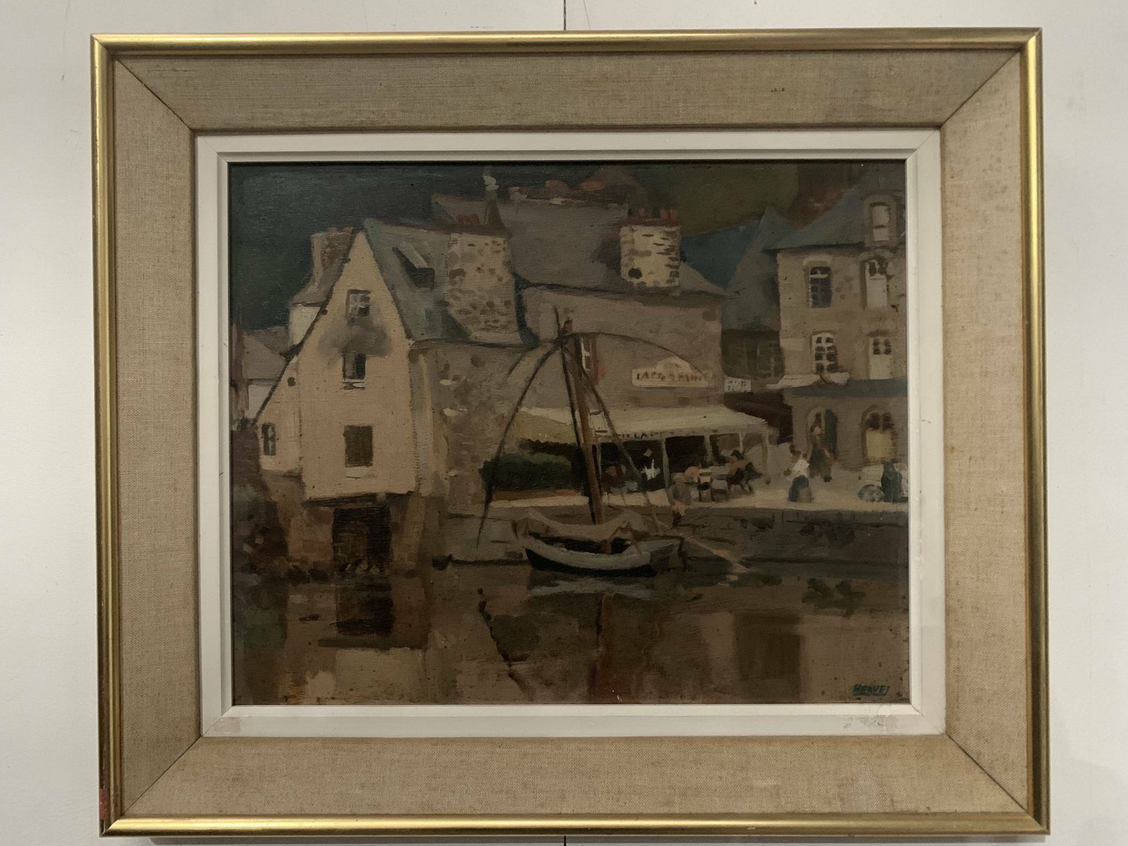 Framed Oil On Canvas "View Of The Port" 20th Century photo furniture