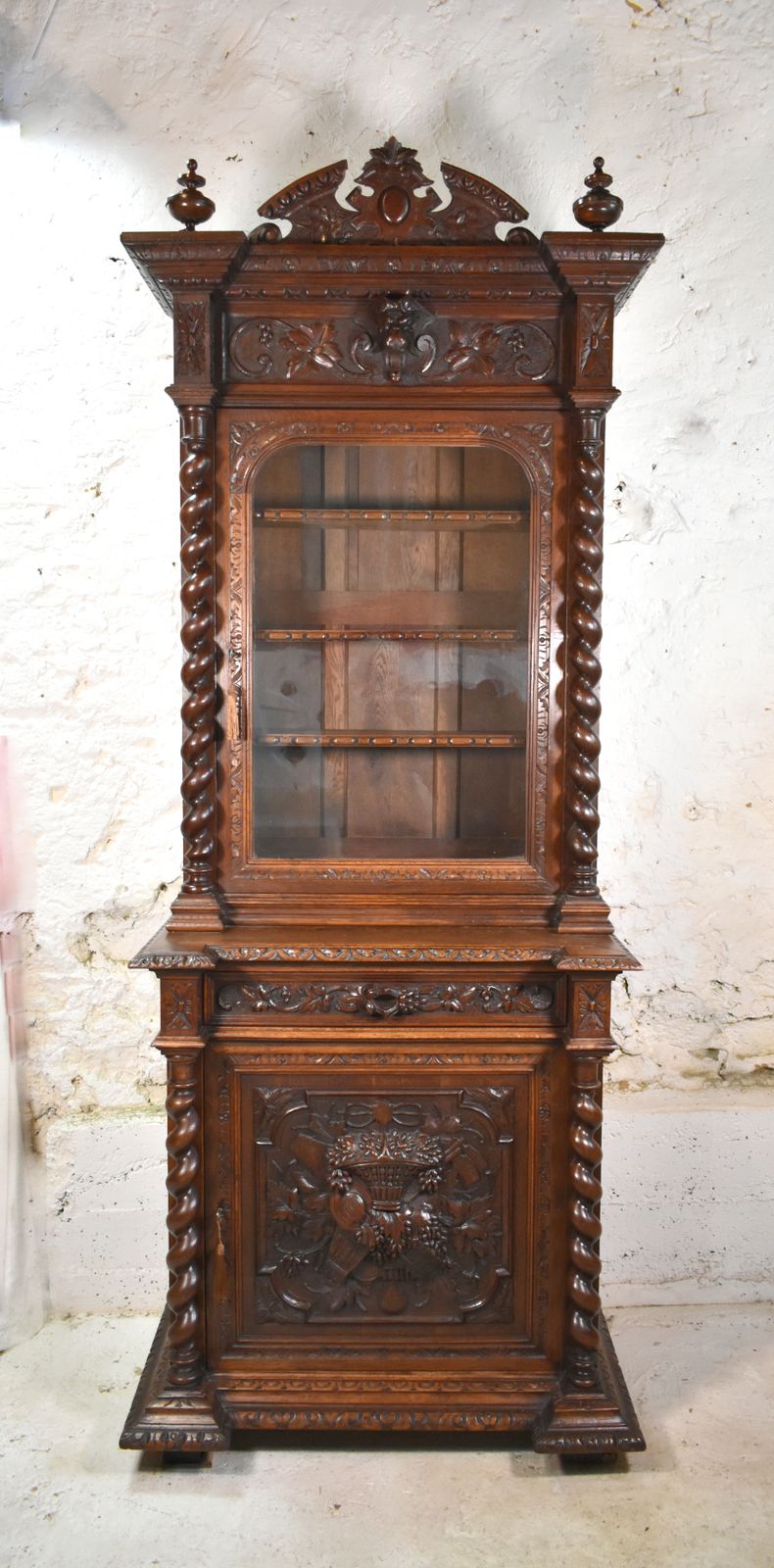 French Oak Hunt Display Cabinet Louis XIII Style