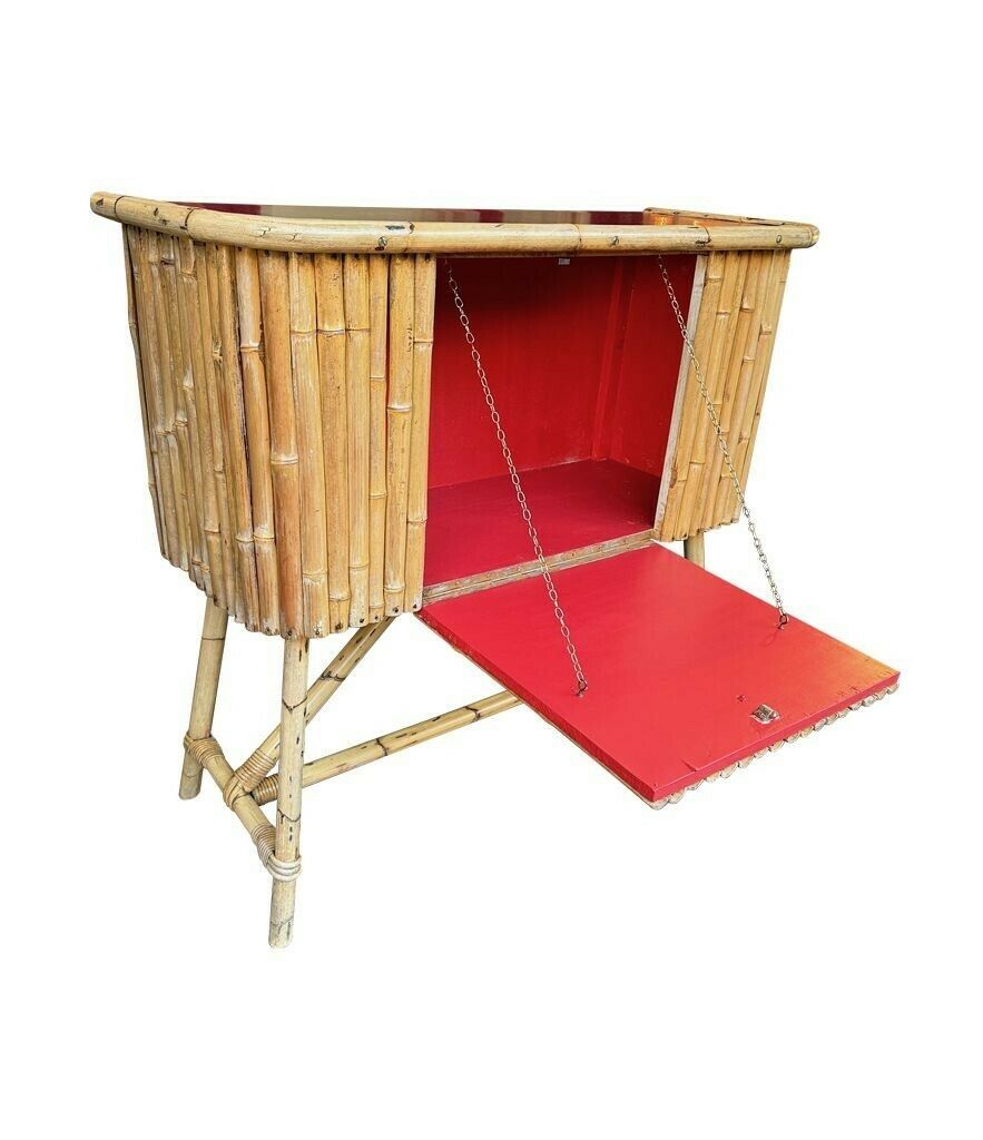 An Italian 1960s Bamboo Bar Cabinet With Red Laminate Top And Two Stools photo Furniture