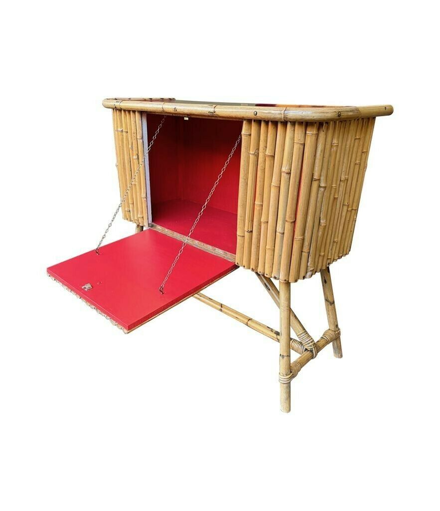 An Italian 1960s Bamboo Bar Cabinet With Red Laminate Top And Two Stools photo vinterior