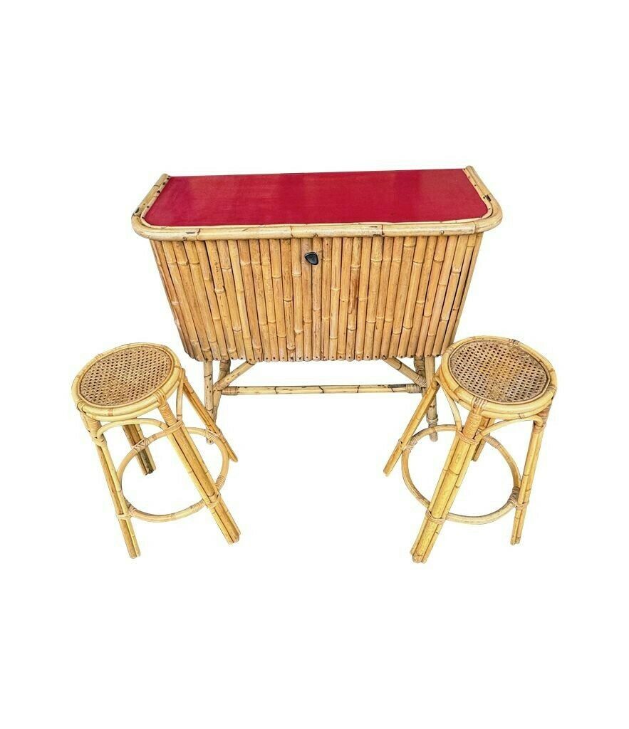 photo buy An Italian 1960s Bamboo Bar Cabinet With Red Laminate Top And Two Stools
