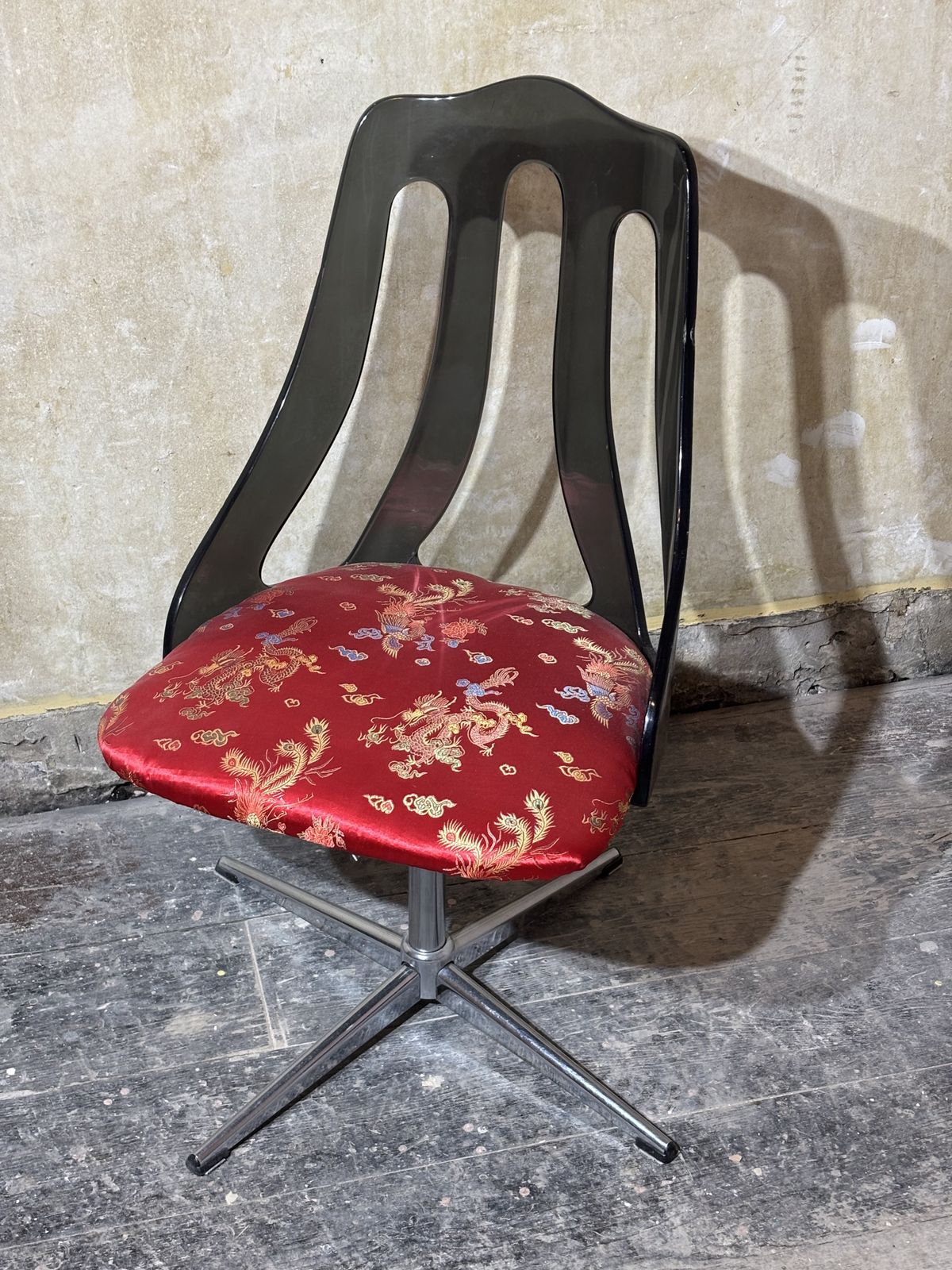 1960s Swivel Dining Chair Perspex Back And Oriental Silk Upholstery