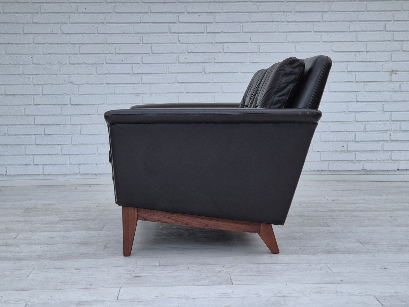 Furniture 1970s, Danish 2 Seater Sofa, Original Condition, Furniture Leather, Solid Teak Wood. photo