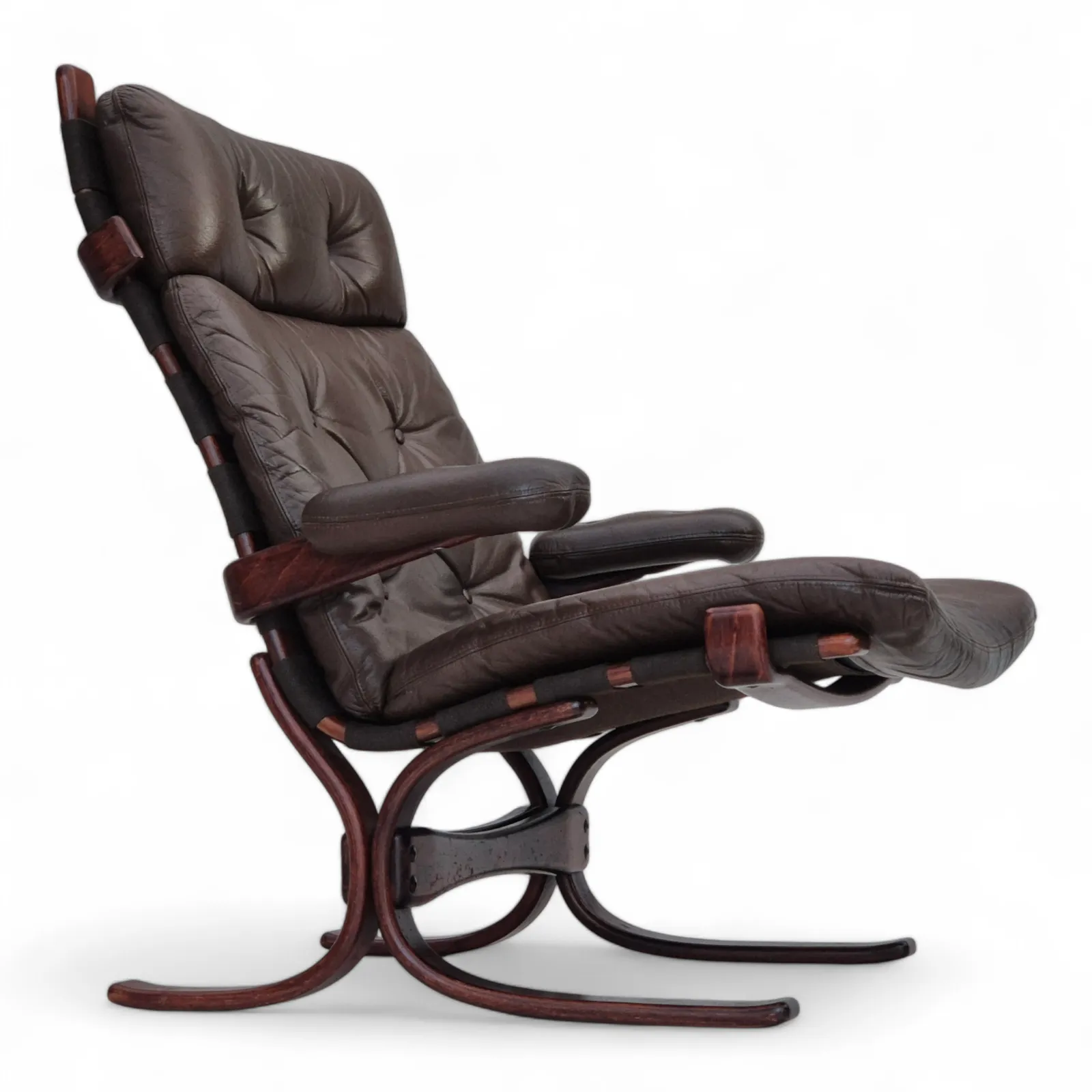 1970s, Scandinavian Armchair, Original Condition, Furniture Leather, Bent Wood, Canvas.