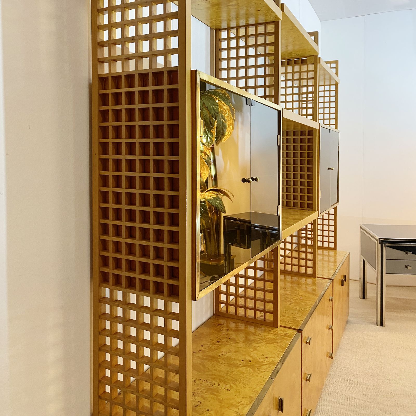 photo buy Gianluigi Gorgoni 1970s Brass Burl Wood Glass Display Cabinet Shelving Rizzo Gold Fratelli Turi