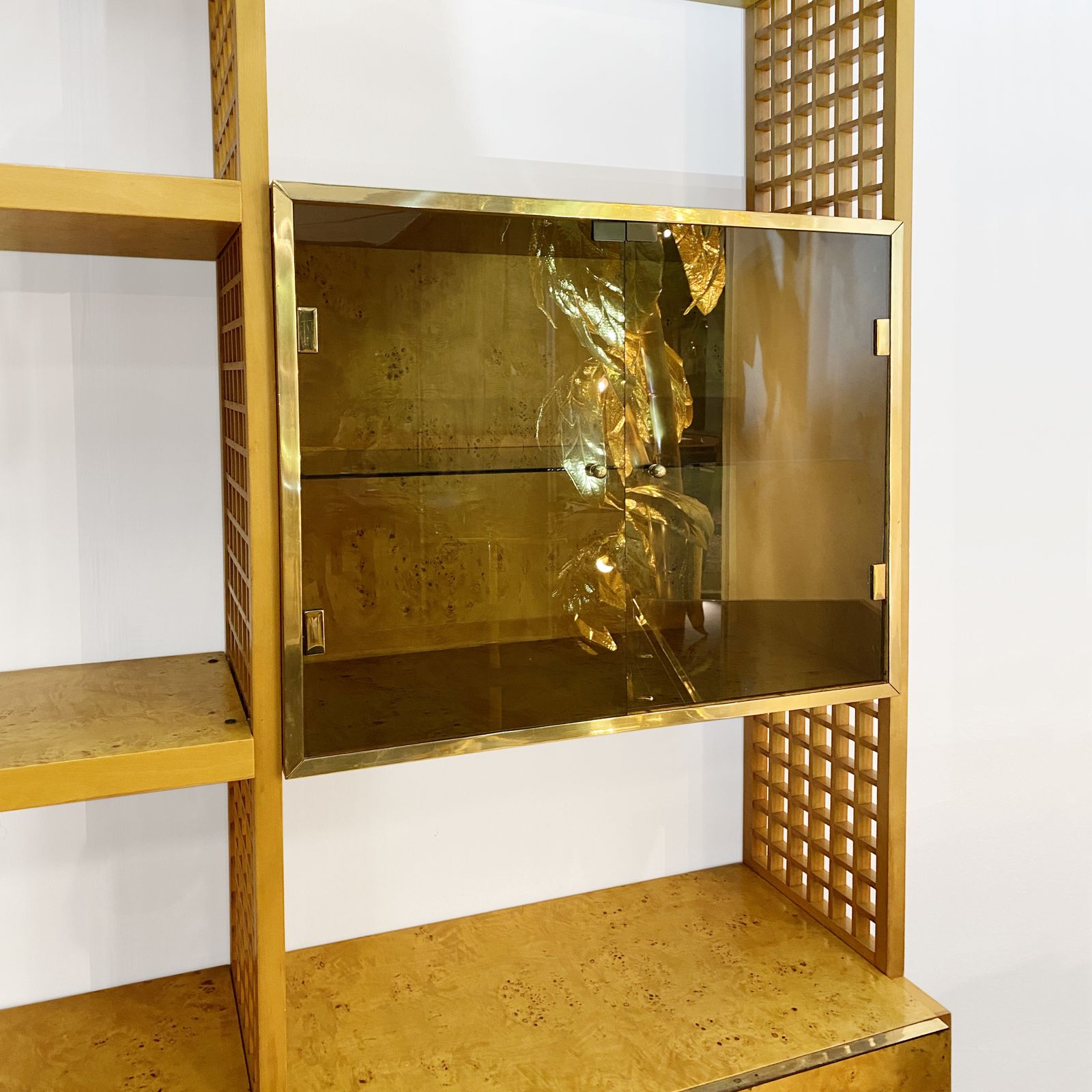 Gianluigi Gorgoni 1970s Brass Burl Wood Glass Display Cabinet Shelving Rizzo Gold Fratelli Turi photo buy
