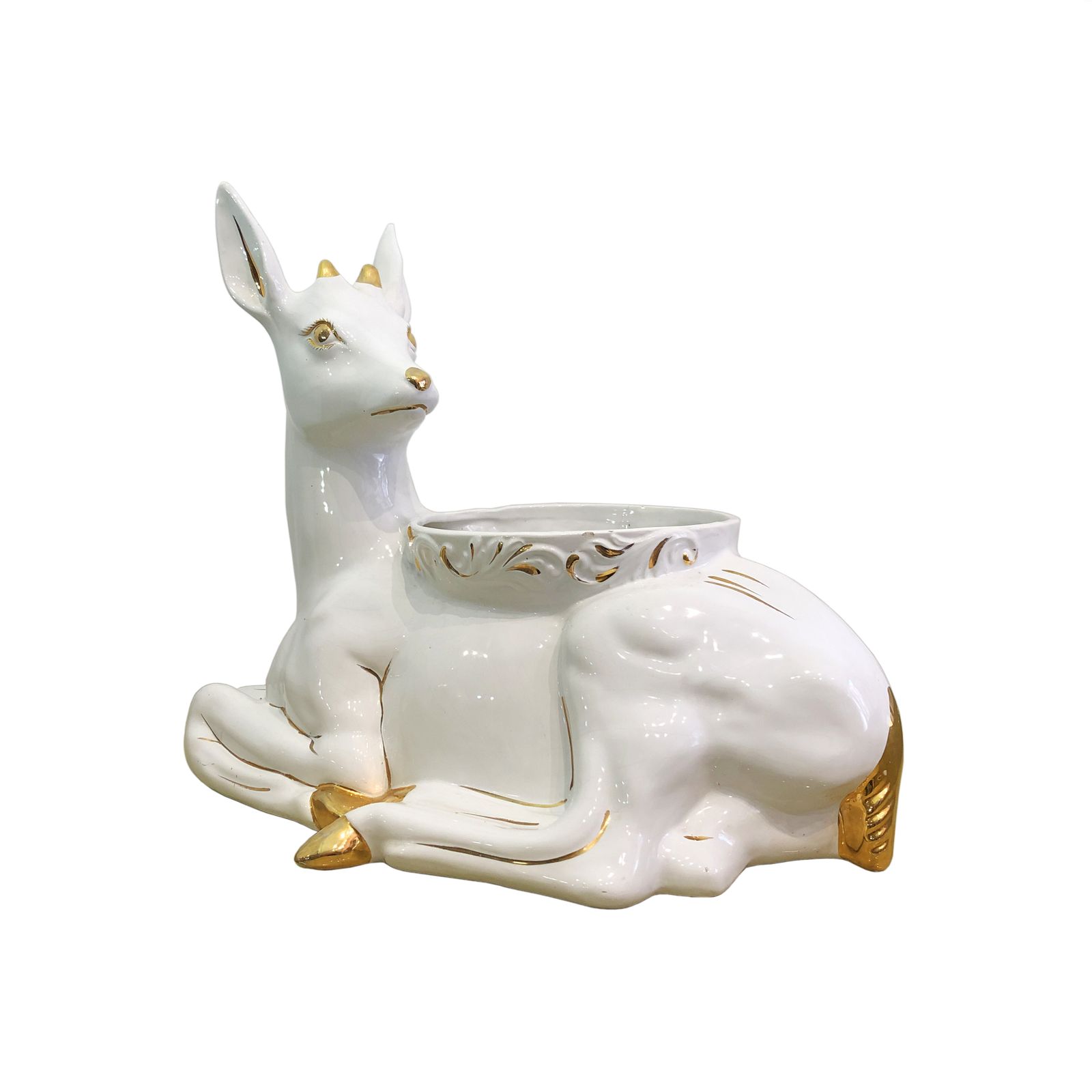 1980s Ceramic Planter Flower Pot Antica Athena Deer Faun White 24k Gold Italian Plant