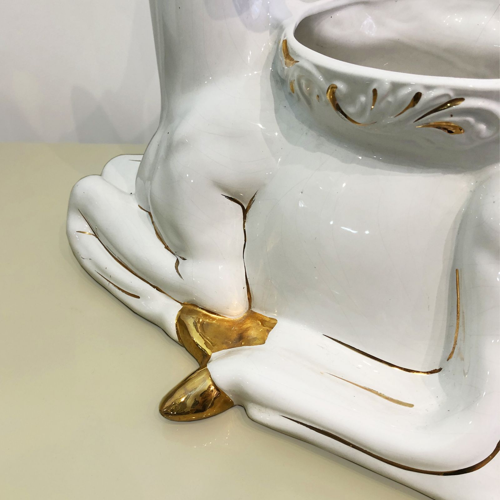 Garden Decor 1980s Ceramic Planter Flower Pot Antica Athena Deer Faun White 24k Gold Italian Plant photo