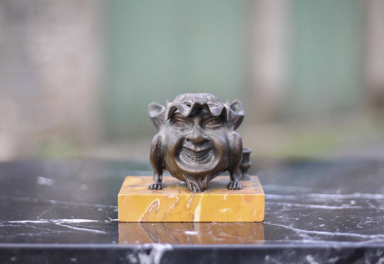 Satirical Bronze Inkwell, Bronze Inkwell On Marble, Antique Anthropomorphic, Collection, Inkwell
