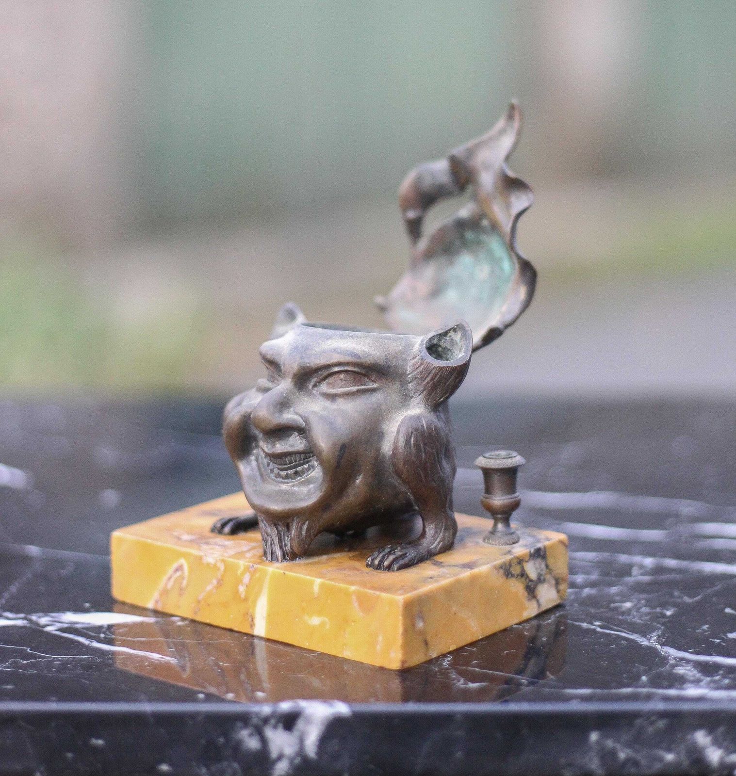 Satirical Bronze Inkwell, Bronze Inkwell On Marble, Antique Anthropomorphic, Collection, Inkwell photo 252.0