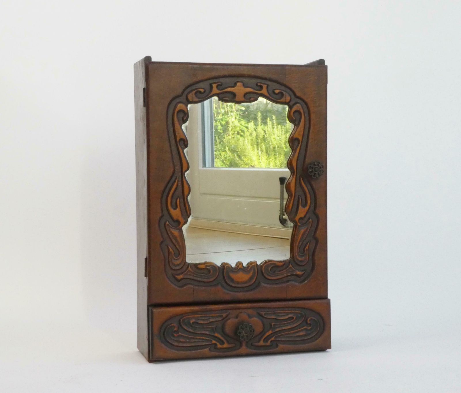 Ornate Wooden Art Nouveau Cabinet With Mirror, Carved Medicine Cabinet, Apothecary Farmhouse With Drawer photo furniture