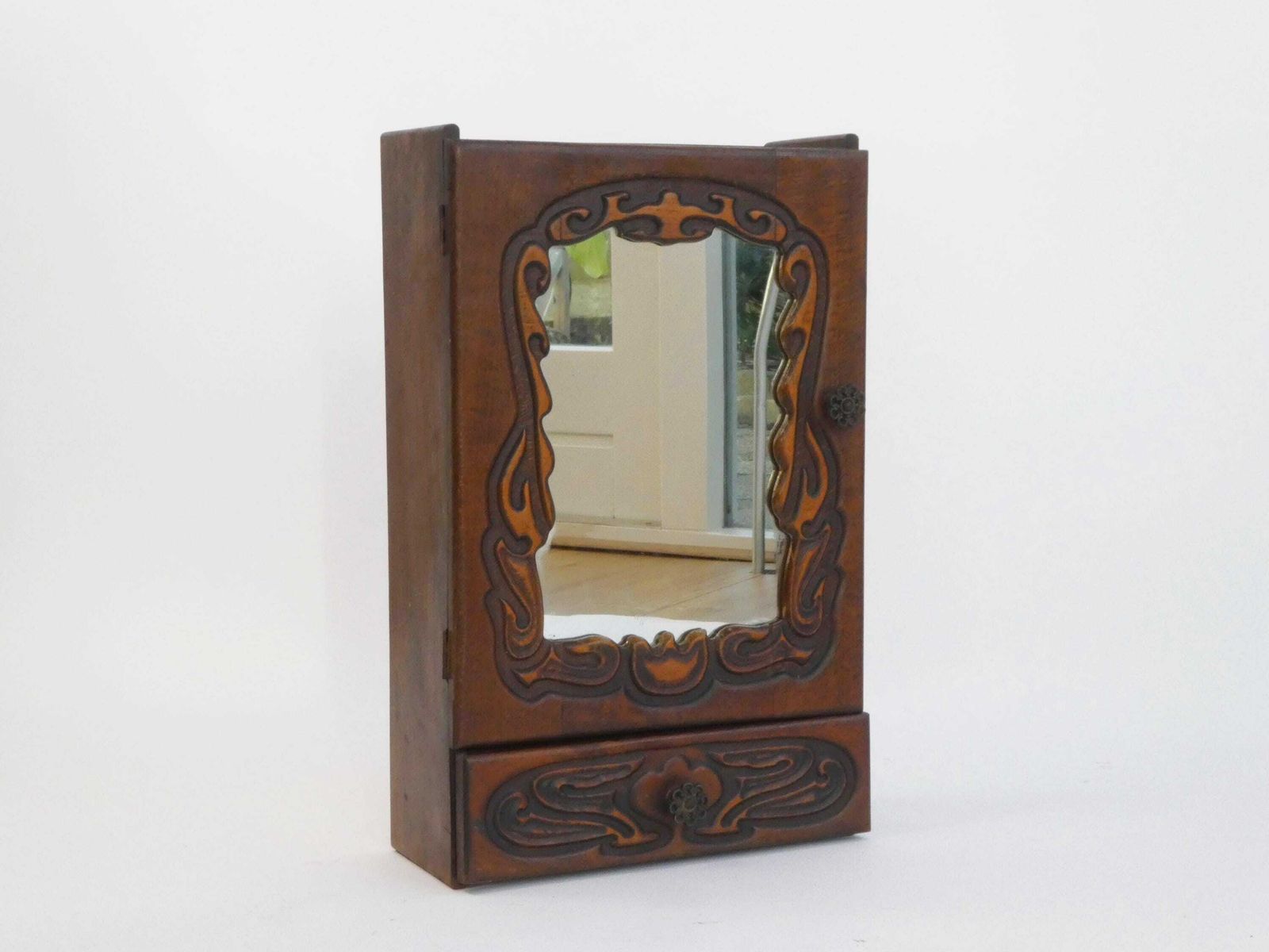 Ornate Wooden Art Nouveau Cabinet With Mirror, Carved Medicine Cabinet, Apothecary Farmhouse With Drawer photo 324.0
