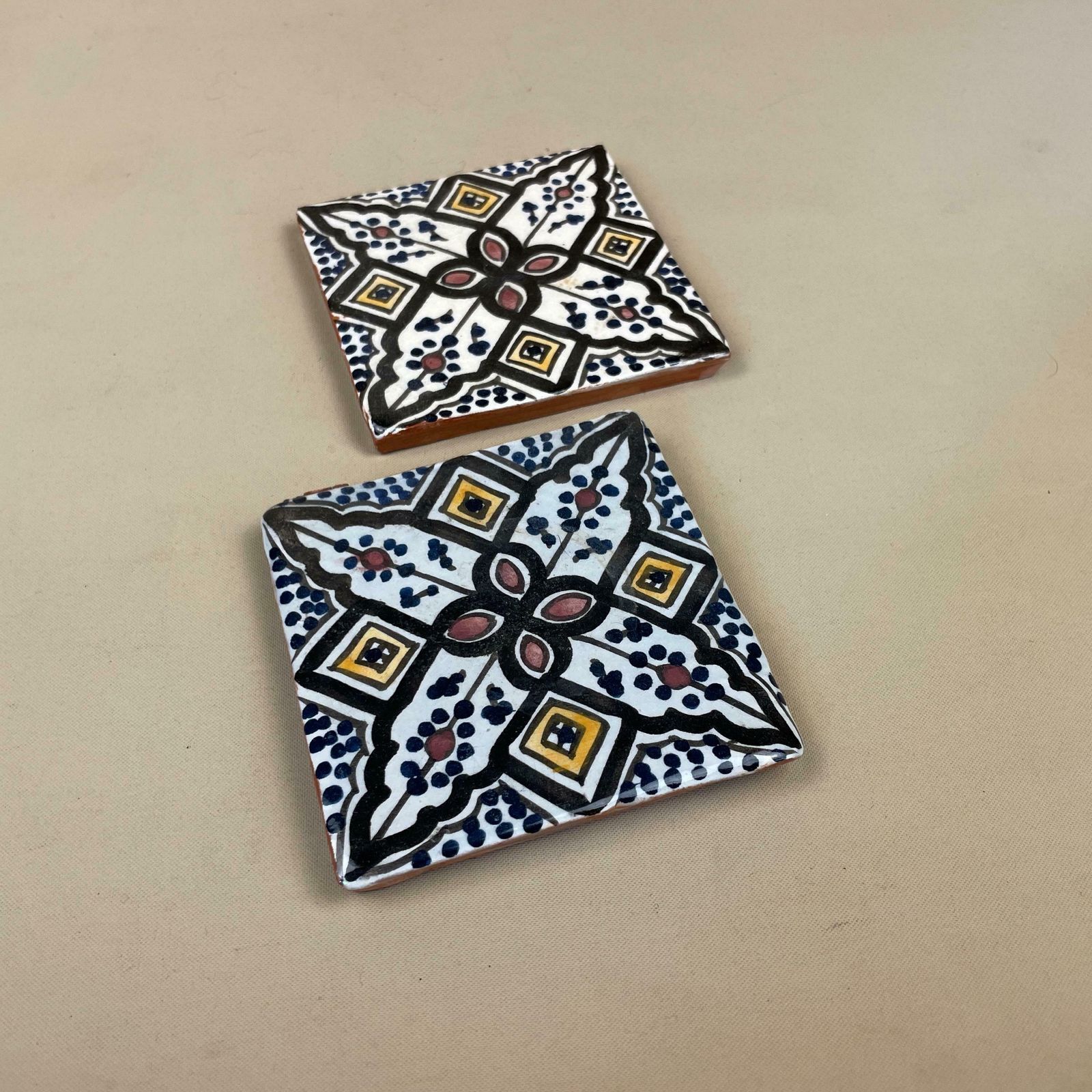 Two Moroccan Vintage Tile Ceramic Square Old Patterned 9.7x9.7cm Placemat Patterned Decorative Black Coaster Plant Stand photo Home Fixtures