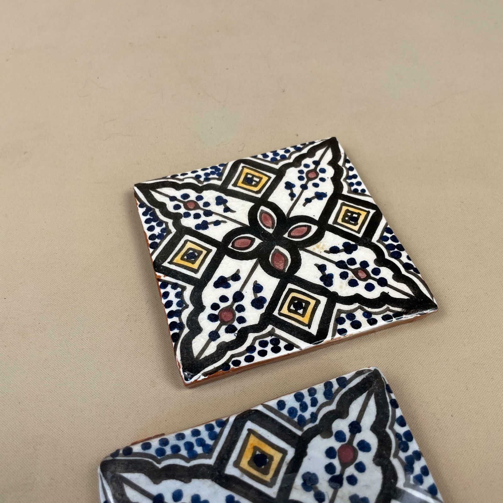Two Moroccan Vintage Tile Ceramic Square Old Patterned 9.7x9.7cm Placemat Patterned Decorative Black Coaster Plant Stand photo 55.0