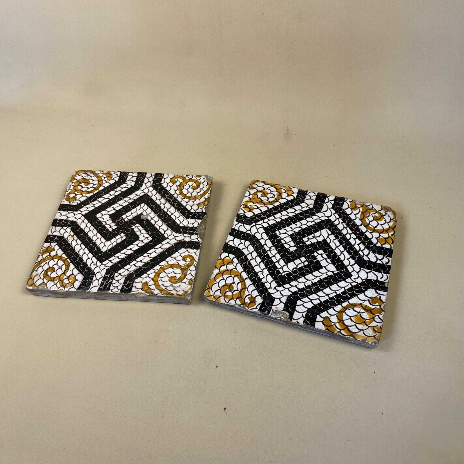 Two Moroccan Vintage Tile Ceramic Square Old Patterned 20x20cm Placemat Patterned Decorative Black Coaster Plant Stand Geometric Traditional photo furniture