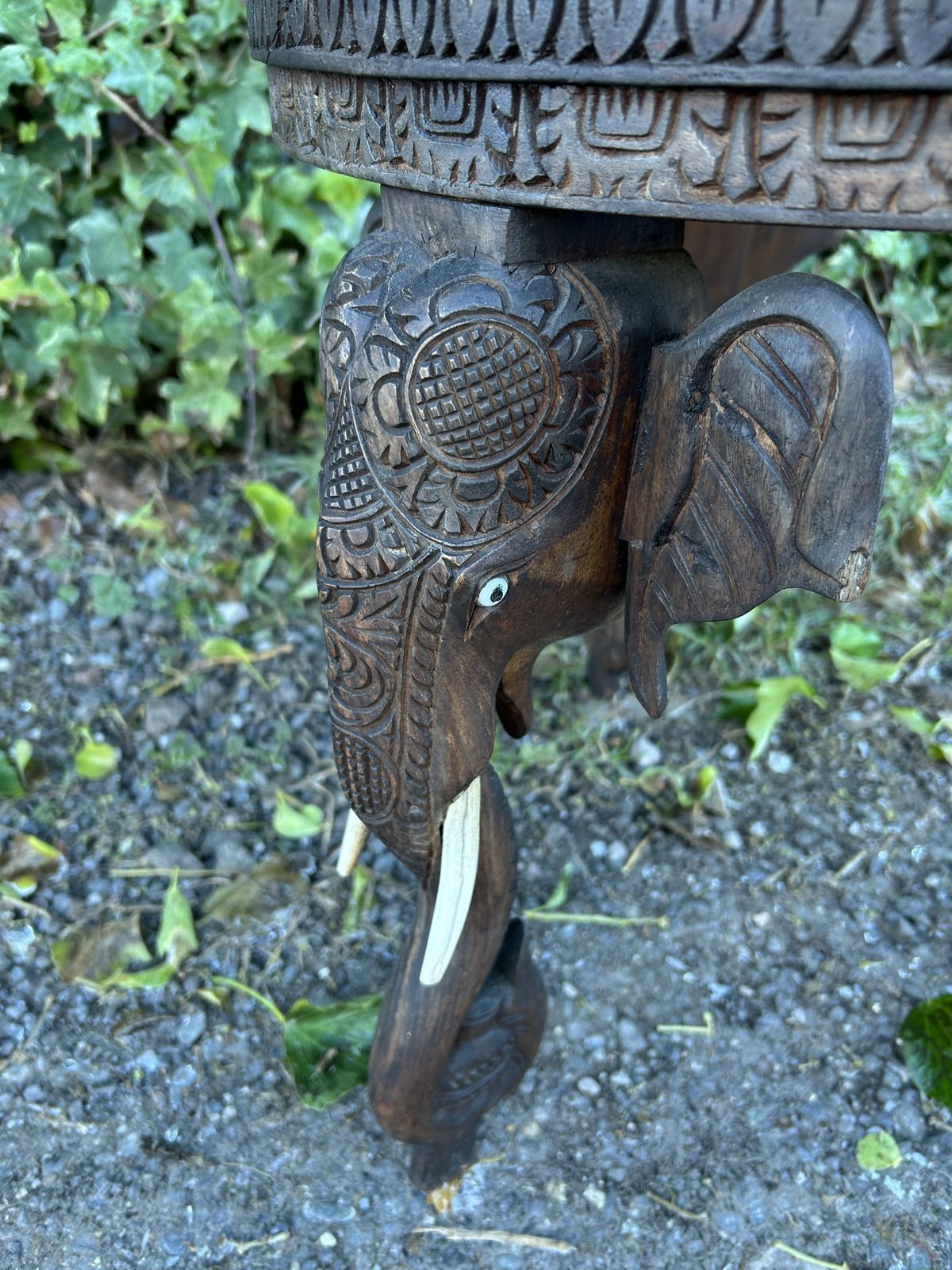 photo for sale 3 Leg Anglo Indian, Hand Carved Elephant Head  And Indian God Design Side Table.