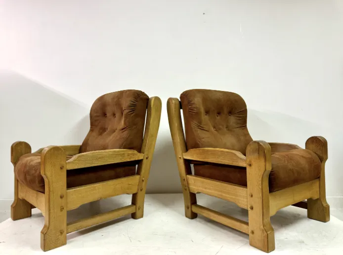 Pair Of Chunky 1960s Brutalist Armchairs In Oak photo Furniture
