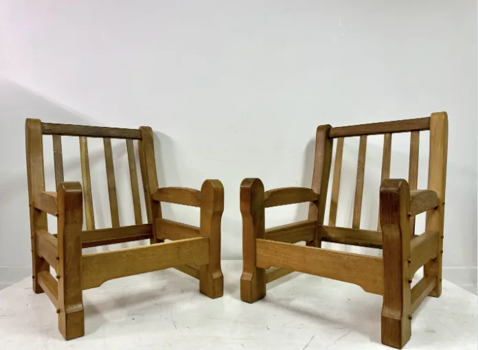 photo for sale Pair Of Chunky 1960s Brutalist Armchairs In Oak