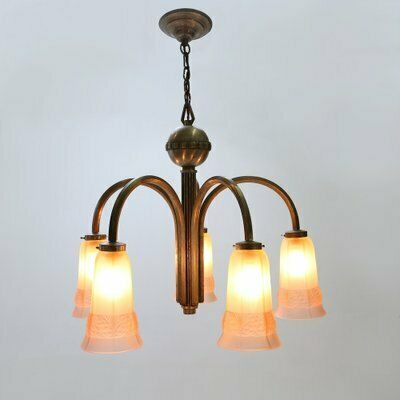 Art Deco Chandelier With Etched Pink Glass Shades, 1930s