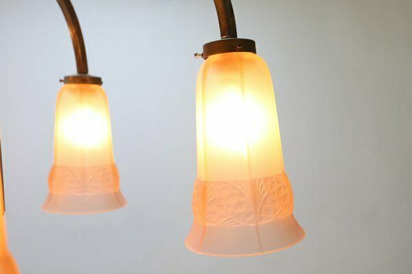 Art Deco Chandelier With Etched Pink Glass Shades, 1930s photo for sale