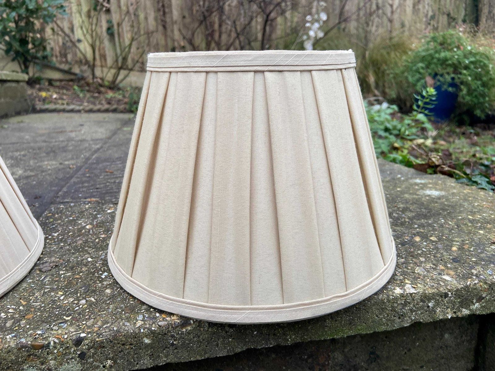 Two Matching Vintage Pleated Gold Sand Coloured Empire Shape   Perfect For Table Lamps 14 Inch And 10.5 Inch photo vinterior