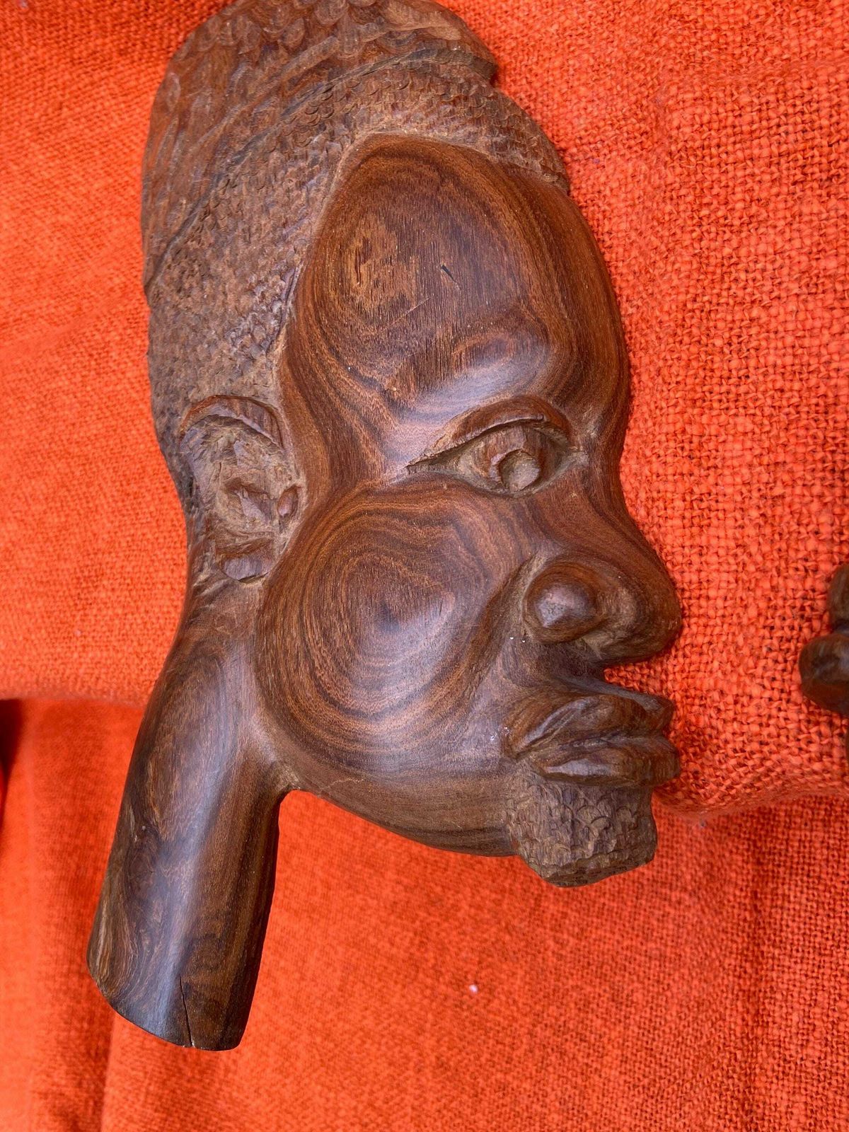 Vintage African Hand Carved Wood Faces, Pair Of African Sculptures, Ethnic Art, Wooden Wall Art photo 88.0