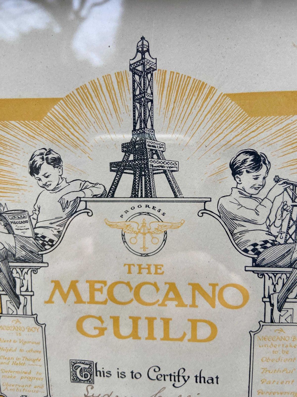1920s Meccano Guild Certificate In A Gorgeous Vintage Wooden Glazed Frame (34.5 X 28.5cm) photo vinterior