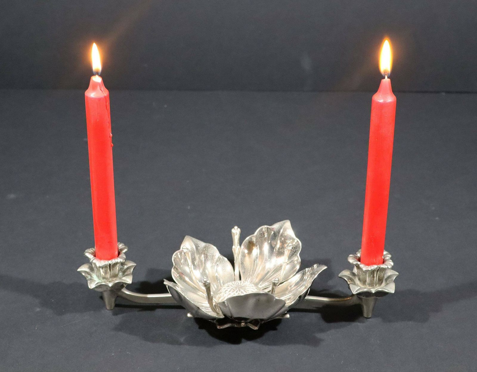 Vintage Silver Lotus Flower Petal Ashtray With Lily Candlesticks