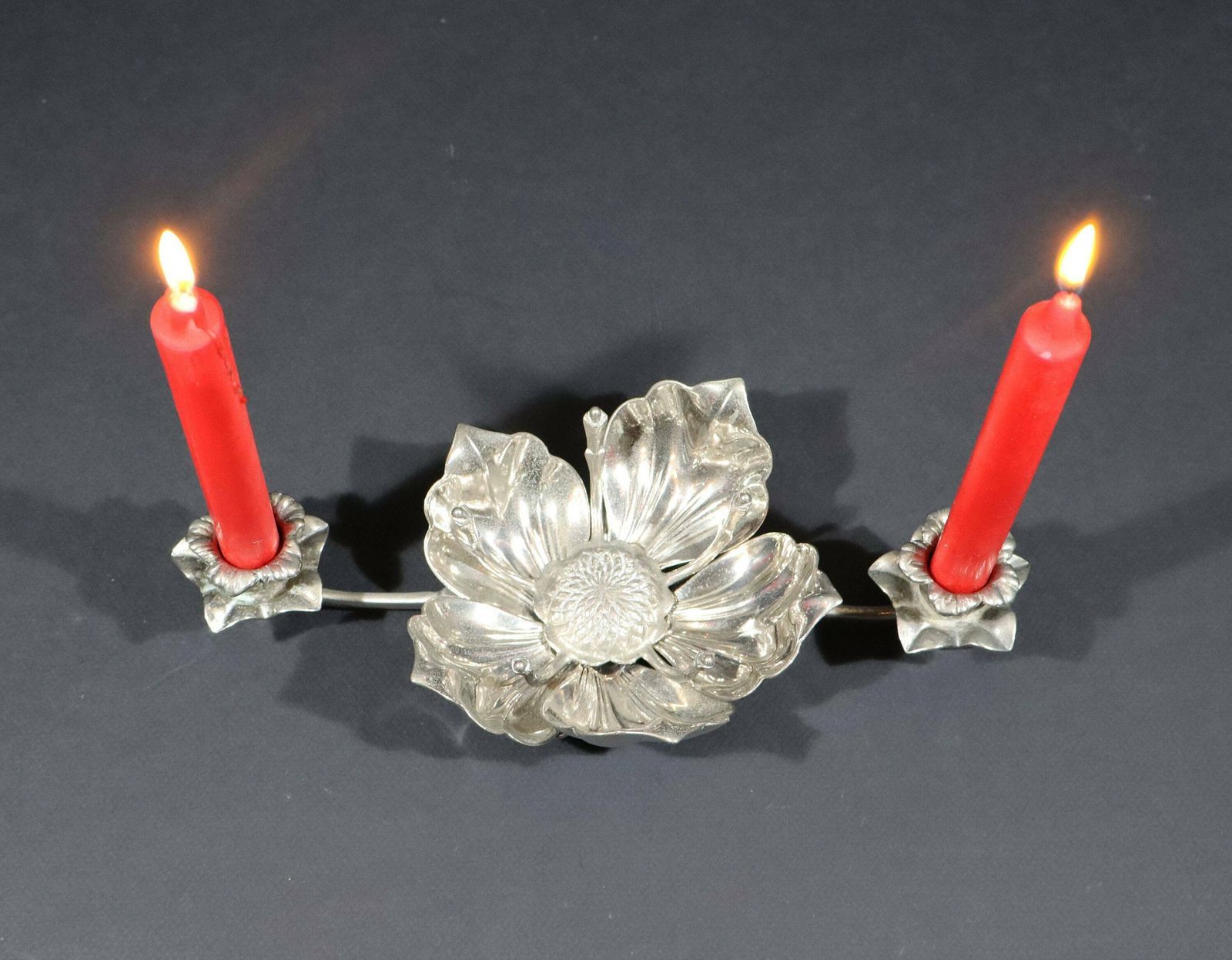 Vintage Silver Lotus Flower Petal Ashtray With Lily Candlesticks photo for sale