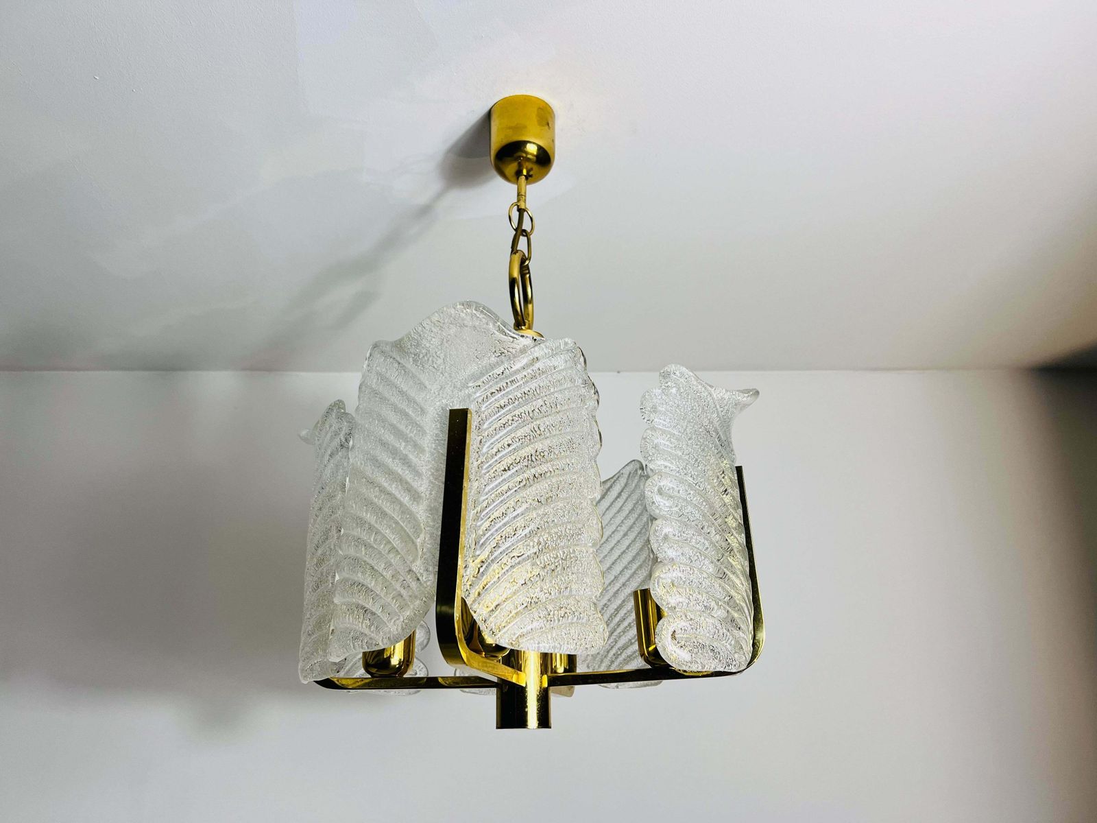 Large Rare Midcentury 4 Arm Brass And Ice Glass Chandelier, 1960s photo for sale