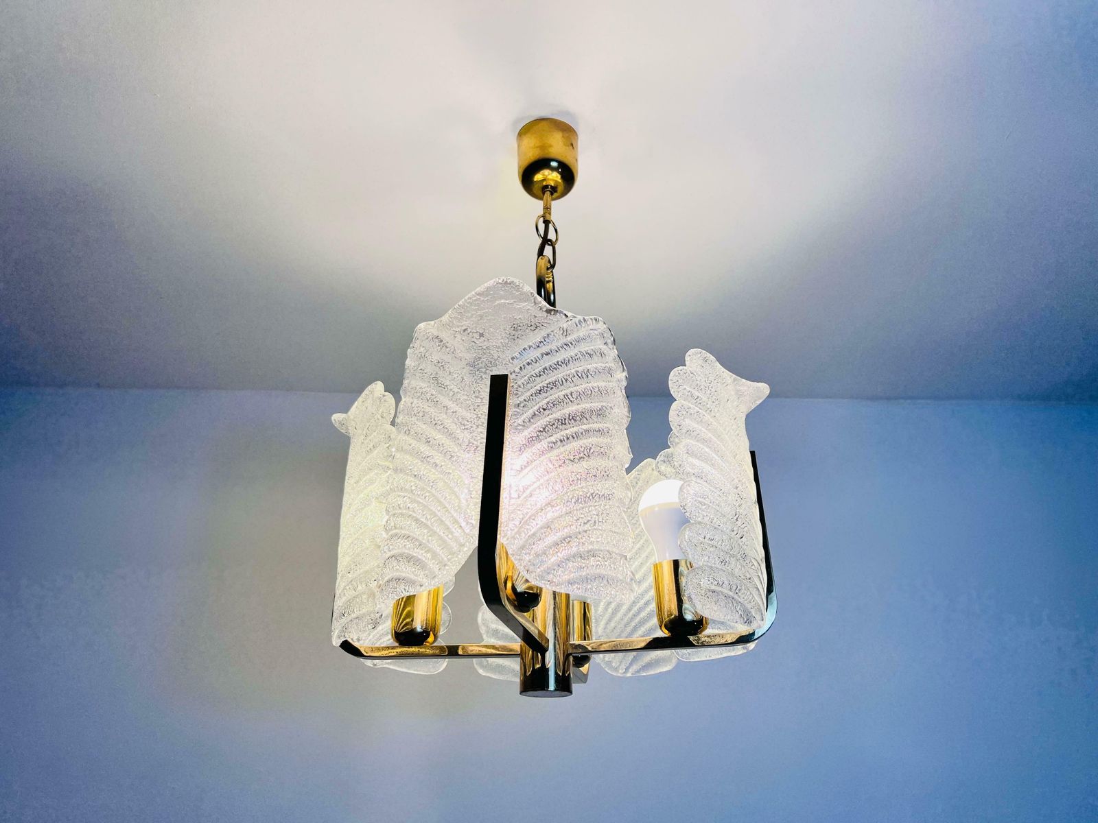photo for sale Large Rare Midcentury 4 Arm Brass And Ice Glass Chandelier, 1960s