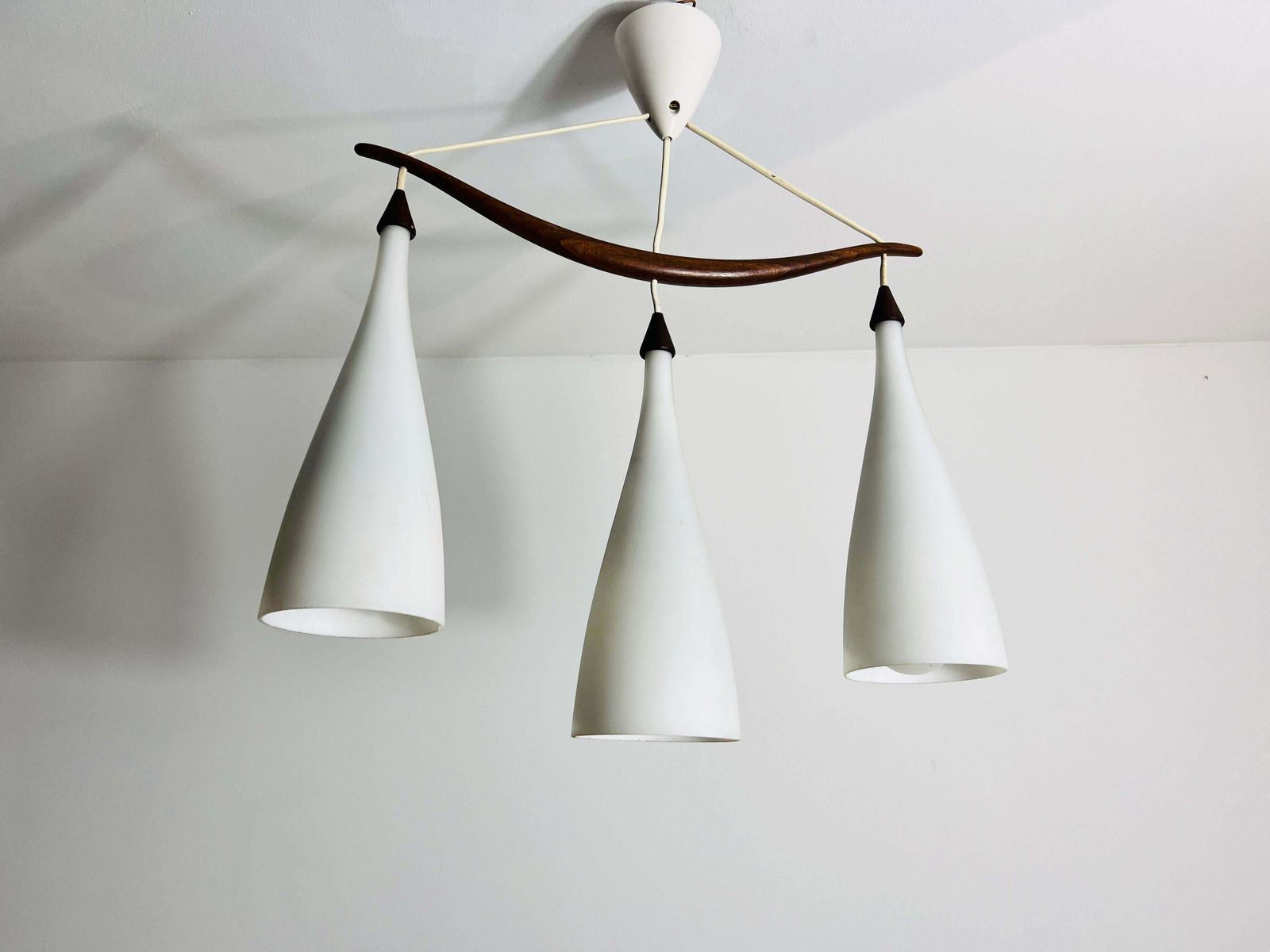 Teak And Opal Glass Pendant Lamp By Uno & östen Kristiansson For Luxus Sweden photo for sale