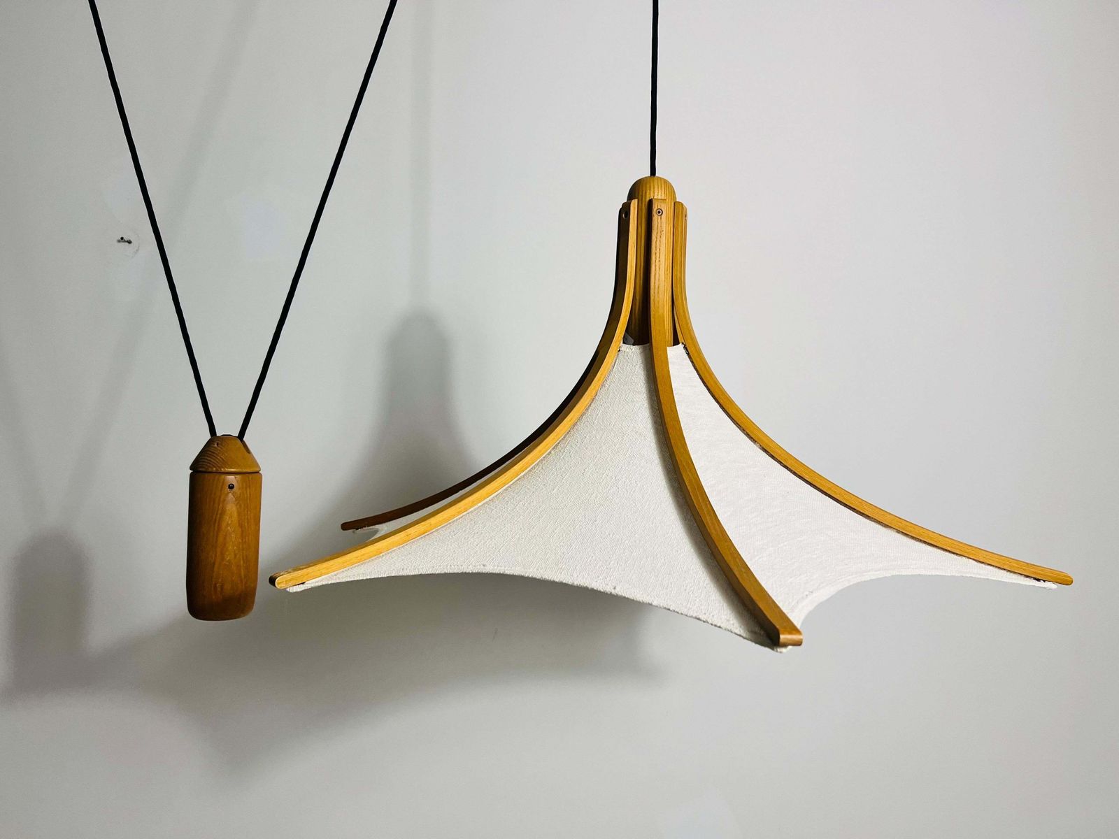 Adjustable Midcentury Wooden Pendant Lamp With Counterweight By Domus, 1960s photo vinterior