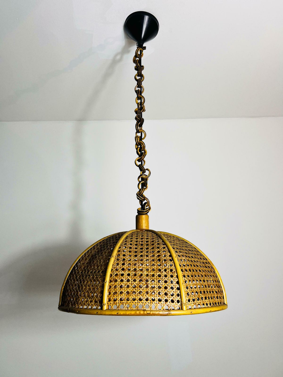 Midcentury Wooden Bamboo Pendant Lamp, Italy, 1960s photo Lighting